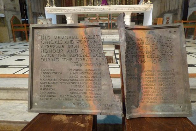 The Damaged First World War Memorial Plaque in All Saints' Church, Middlesbrough