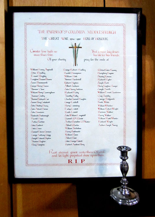 he Left Hand Roll of Honour in St. Columba's Church, Middlesbrough