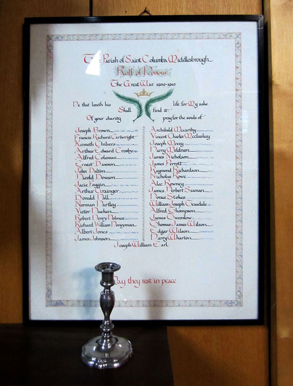 The Right Hand Roll of Honour in St. Columba's Church, Middlesbrough