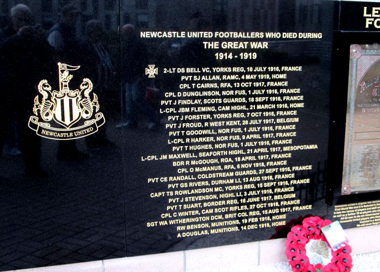 First World War Commemorations on the Newcastle United Football Club War Memorial Outside St. James Park Stadium.