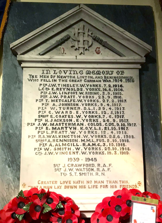 The War Memorial Plaque in All Saints' Church, Newton-on-Ouse