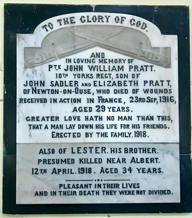The Memorial to the Pratt brothers in All Saints' Church, Newton-on-Ouse