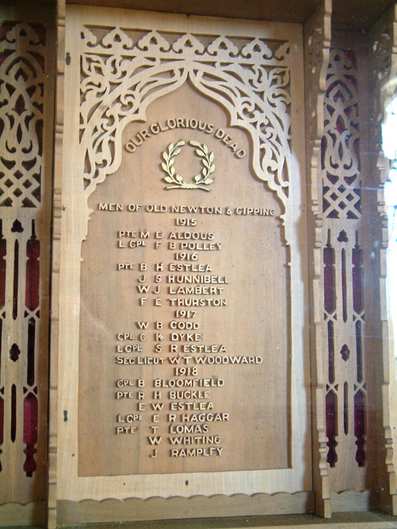 The War Memorial for Old Newton and Gipping (Suffolk) in St. Mary's Church, - Centre Panel Commemorations