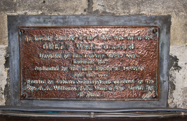 The Commemorative Plaque Beneath the First World War Stained Glass Windows.
