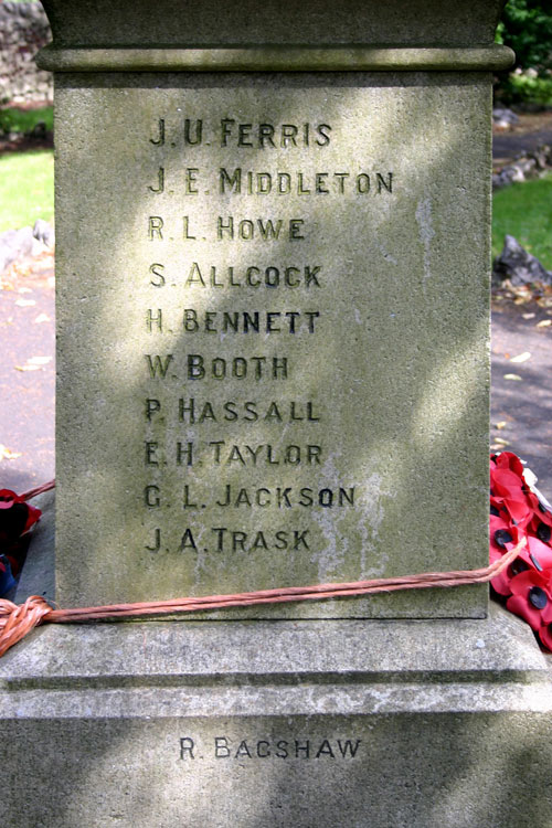 Private Middleton's name on the War Memorial for Peak Dale (Derbyshire)