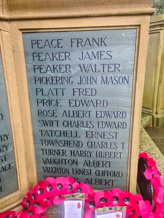 John Mason Pickering's name on rhe Penistone War Memorial