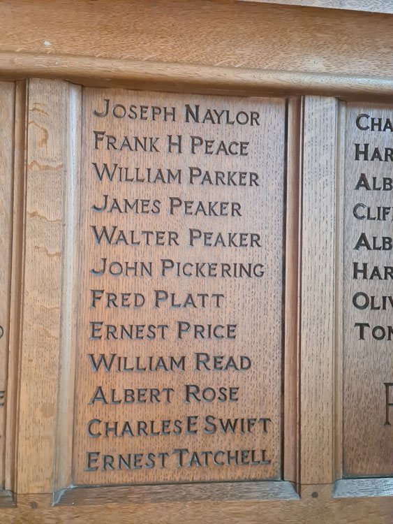 John Mason Pickering Commemorated on the First World WarMemorial in St. John's Church, Pensistone