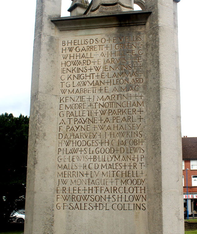 Alfred Pearl's name on the War Memorial for Potters Bar, Little Heath & Bentley Heath (Herts)