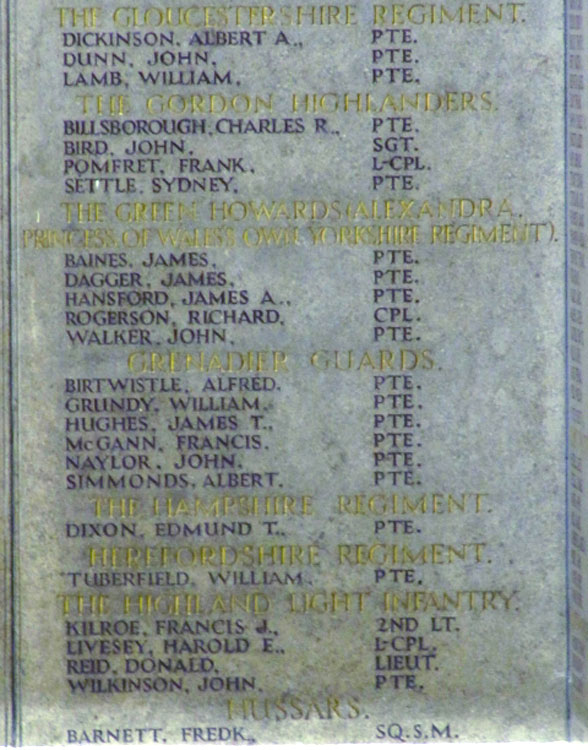 The Yorkshire Regiment Names on the War Memorial for Preston (Lancs) in the Harris Museum and Art Gallery