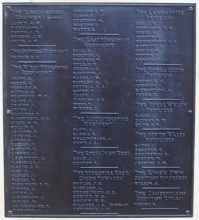 The Commemorative Plate on the Rotherham War Memorial on Which Men of the Yorkshire Regiment are Named