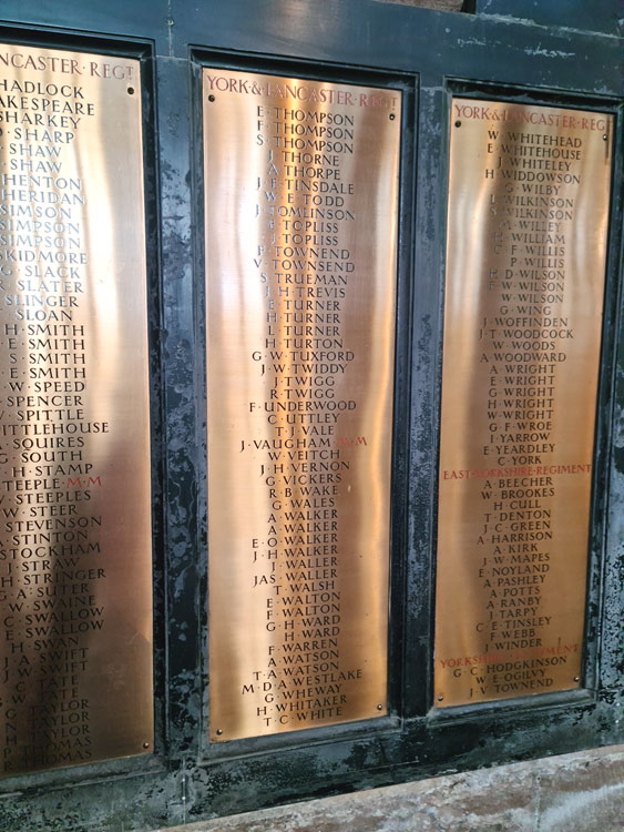 The Panel in the Rotherham Minster War Memorial on which the Yorkshire Regiment names are commemorated.