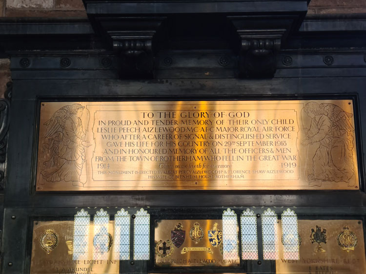 The Plaque on the Rotherham Minster War Memorial Commemorating Major Leslie Peech Aizlewood of the RAF