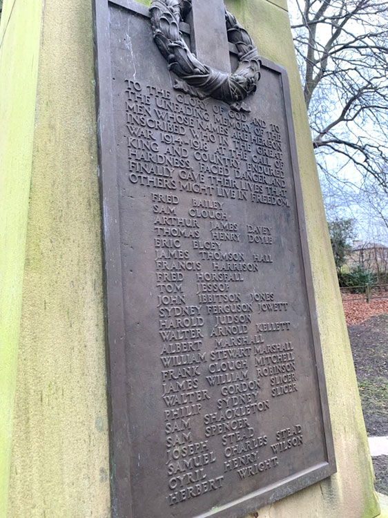 The Plaque on the Saltaire War Memorial on which Lieutenant Jowett is Commemorated