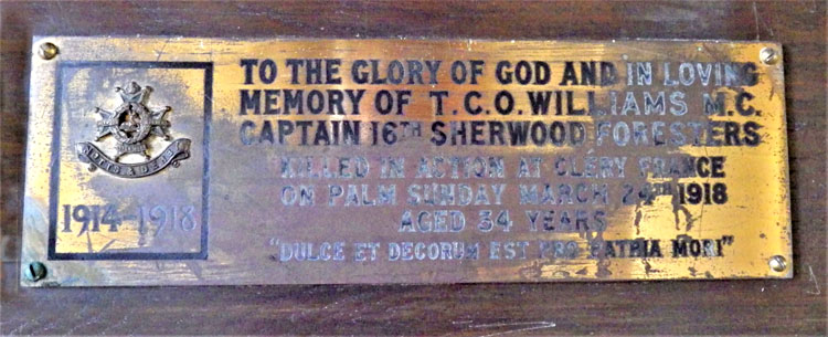 The Top War Memorial Plaque in St. Martin's Church, Scampston (East Yorks)