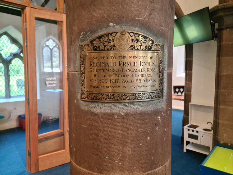 The Memorial Plaque to Lieutenant Reginal Pryce Jones in Christ Church, Heeley (Sheffield)
