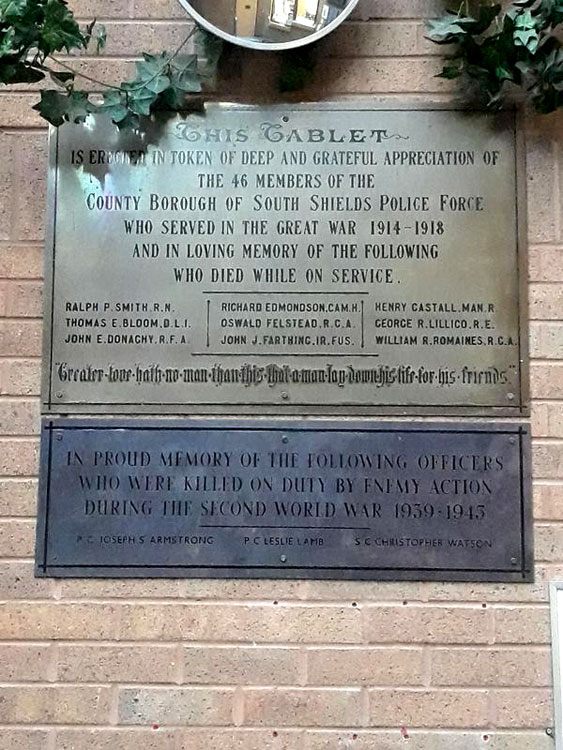 The War Memorial Plaques in the Foyer of the South Shields Police Station