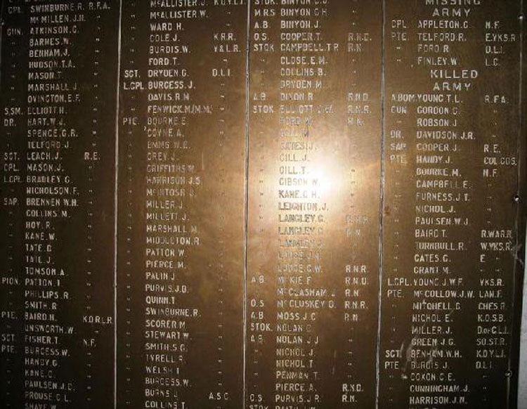 The First World War Memorial Plaque for Brunswick Street & Wilson Street, South Shields (detail)