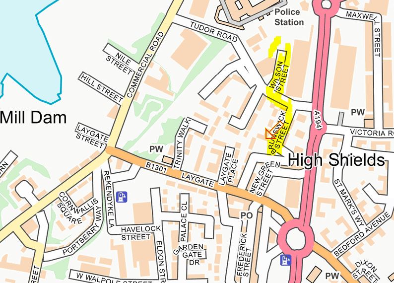 The location of Brunswick Street and Wilson Street in South Shields 