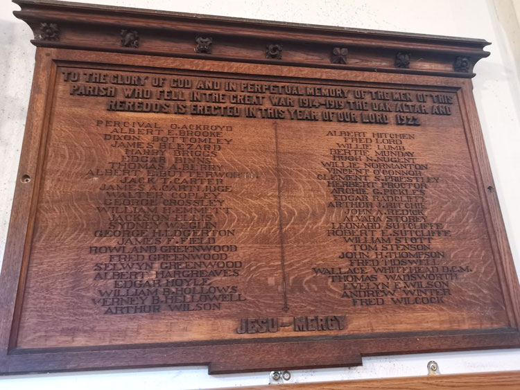 The First World War Memorial for in St. Peter's Church, Sowerby (Calderdale)