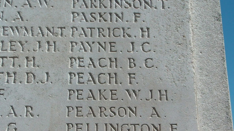 Lieutenant Bertie Charles Peach's Name on the Stafford Memorial