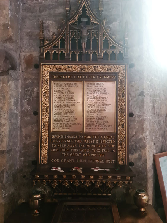 The First World War Memorial (detail) in St. Mary's Church, Staindrop