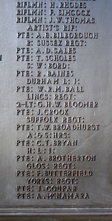 Privates Coupar & McNamara's Names on the Stretford Cenotaph
