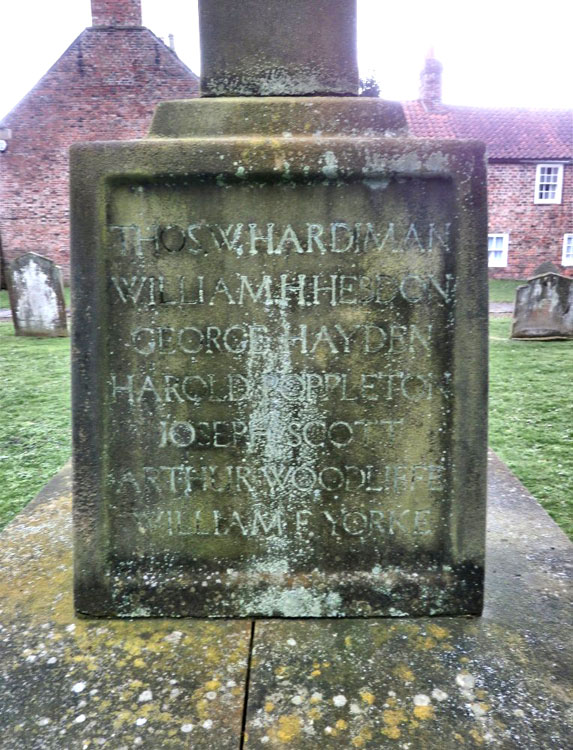 The names of Privates Hayden and Woodliffe on the War Memorial for Sutton-on-the-Forest