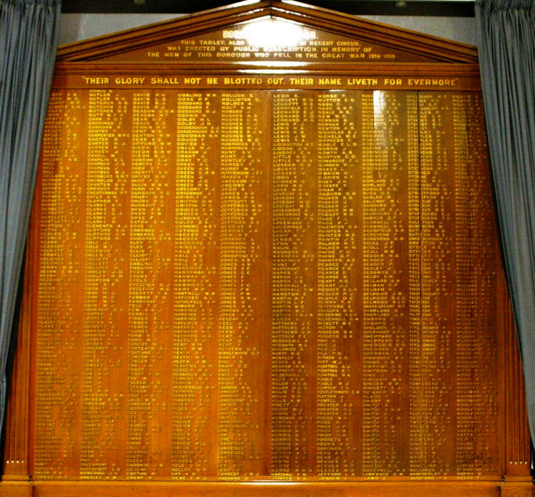 The First World War Memorial in Swindon Town Hall