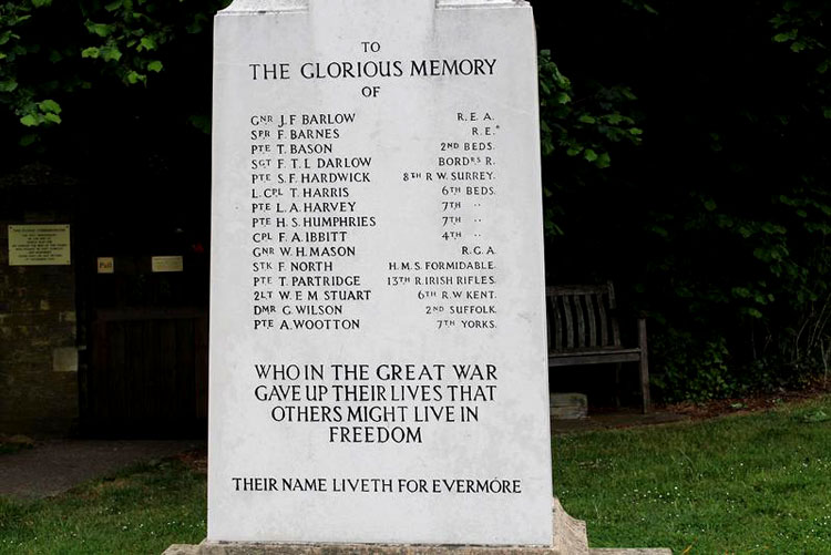 The First World War Commemorations on the the War Memorial for Tempsford (Beds)