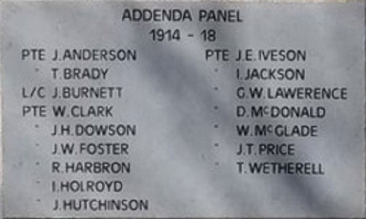 TheAddenda Panel for First World War Commemorations on the Thornley War Memoria