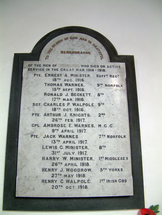The First World War Memorial for Thurlton (Norfolk) in All Saints' Church