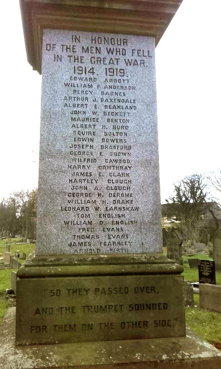 The Name of Wilfred Cawood on the Tong Cemetery War Memorial