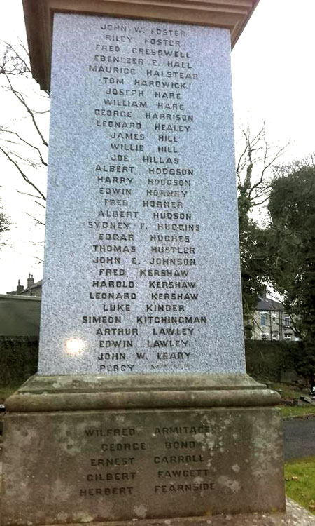 The Names of Joseph Leonard Kershaw and Luke Kinder on the Tong Cemetery War Memorial