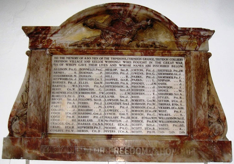 The First World War Memorial from the Miner's hall, Trimdon Grange