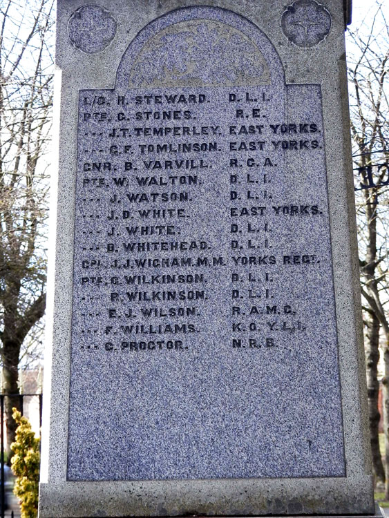 Names "S" - "W" on the War Memorial for Tudhoe Colliery