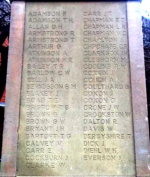 Private Cleghorn's and Lance Corporal Codling's Names on the St. Mary's War memorial, South Shields.