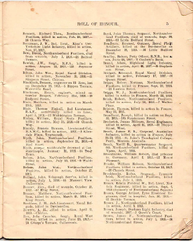 Page 5 of the Tynemouth Roll of Honour (which includes the name of 2nd Lieutenant Berryman.