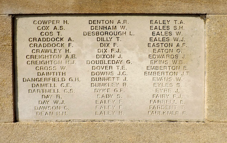The Panel on which Herbert Dean's Name is Commemorated on the Wellingborough War Memorial
