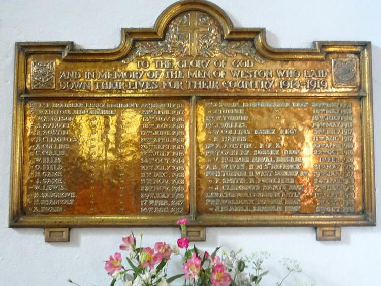 The First World War Memorial in Holy Trinity Church, Weston (Herts)