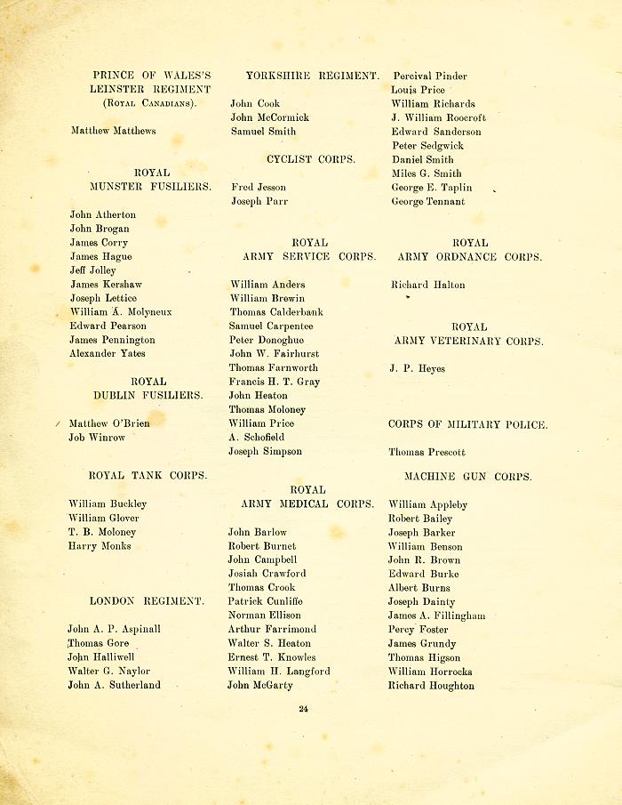 The page from the booklet commemorating the unveiling of the Wigan War Memorial listing 3 Yorkshire Regiment names.