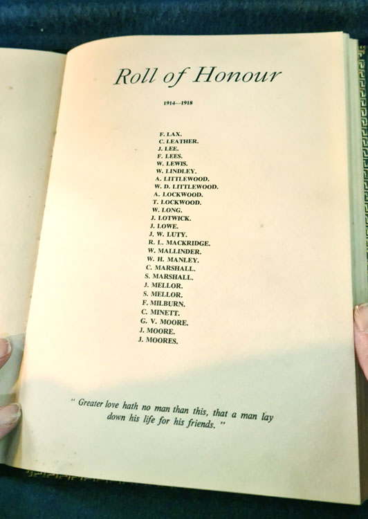 The First World War Roll of Honour with the names of Privates Lax and Lee