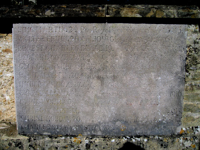 The Commemoration on the Woodchester War Memorial (Pte Martin's age is given as 20), - this photo has been enhanced to render the names more legible. The actual commemoration has become very faint with age.