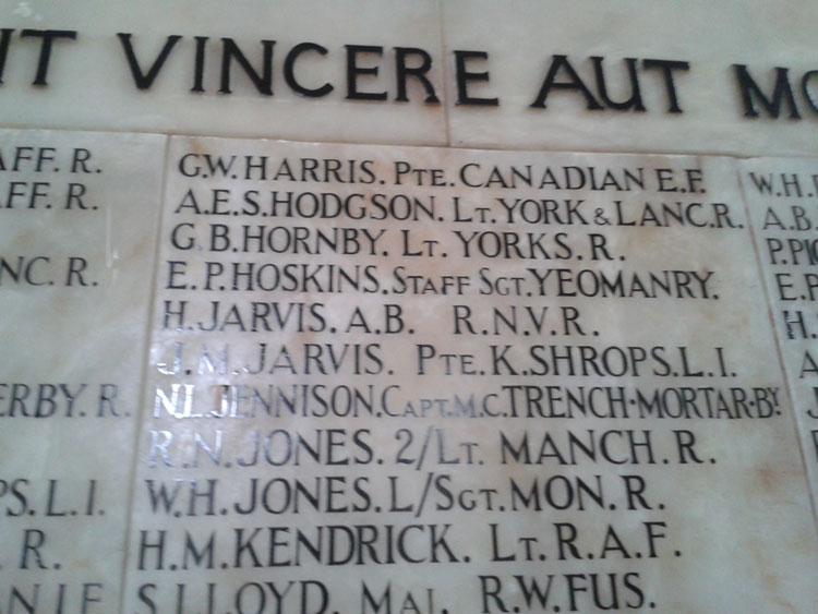 Lieuteant Hornby's Name on the First World War Memorial in the Chapel of Wrekin College