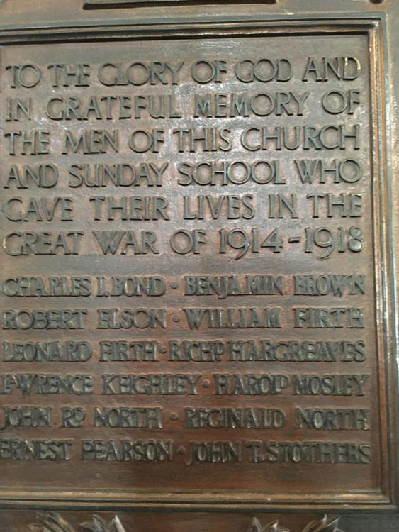 The First World War Memorial inside the Westfield United Reform Church, Wyke (Bradford)