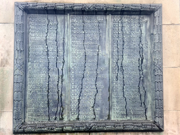 First World War Commemorations "A" - "E" on the Pudsey War Memorial.