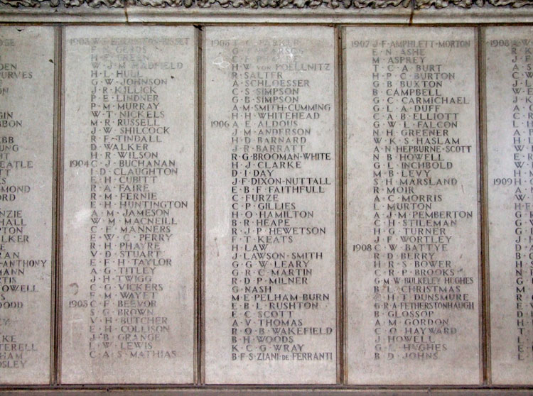 Names for School Leavers, 1903 - 1908 who lost their lives in the First World War.