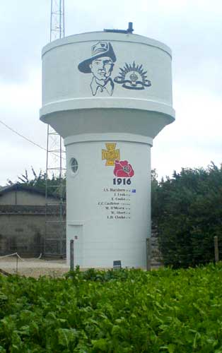 The water tower in nearby Pozieres, which carries the names of 7 VC winners from that battle, - including William Short.