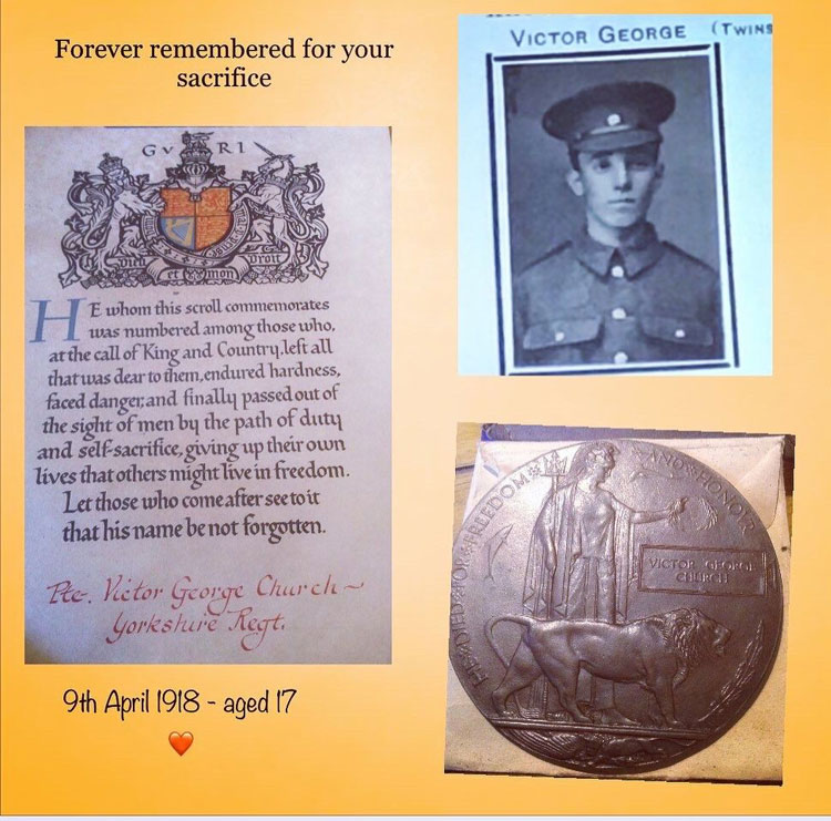 The Great War Memorial Plaque and Memorial Scroll for Victor George Church.